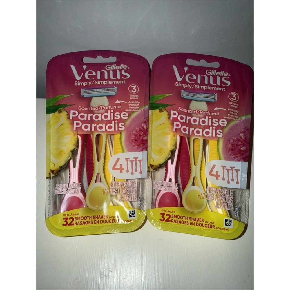 Lot of 2 Gillette Venus Simply 3 Paradise Scented Women's Disposable Razor 4 ct